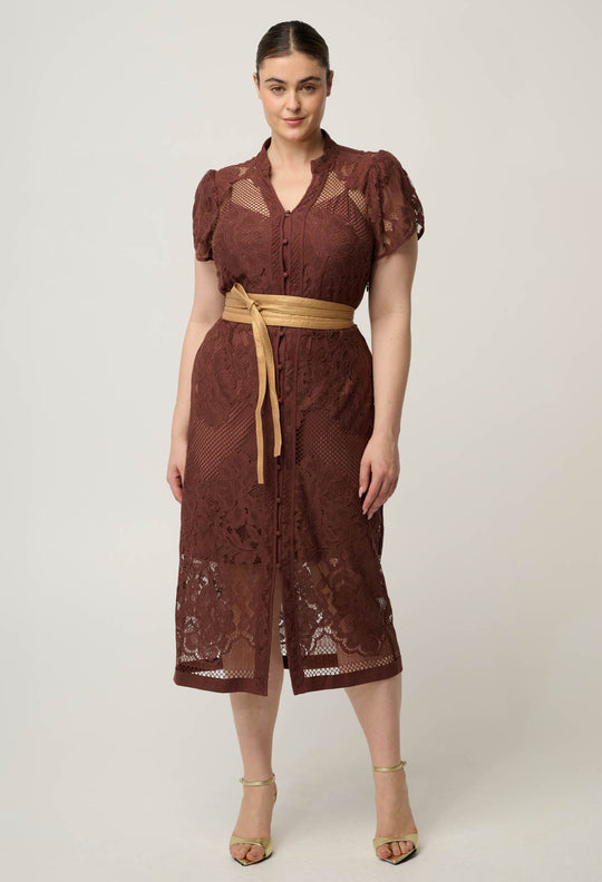 OnceWas Solene Cotton Blend Placement Lace Dress in Rosewood
