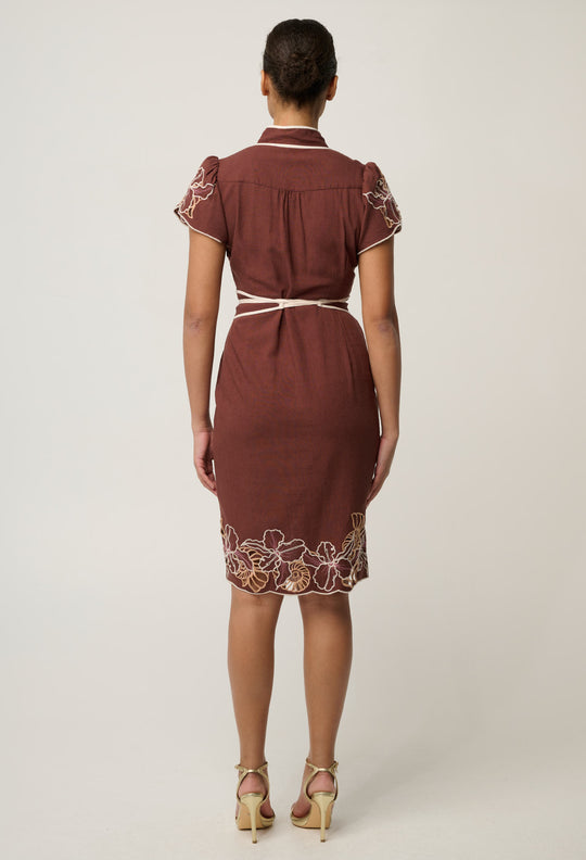 Ivy Linen Viscose Embroidery Detail Dress in Rosewood