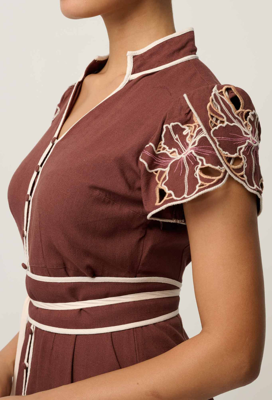 Ivy Linen Viscose Embroidery Detail Dress in Rosewood