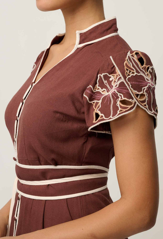 Ivy Linen Viscose Embroidery Detail Dress in Rosewood