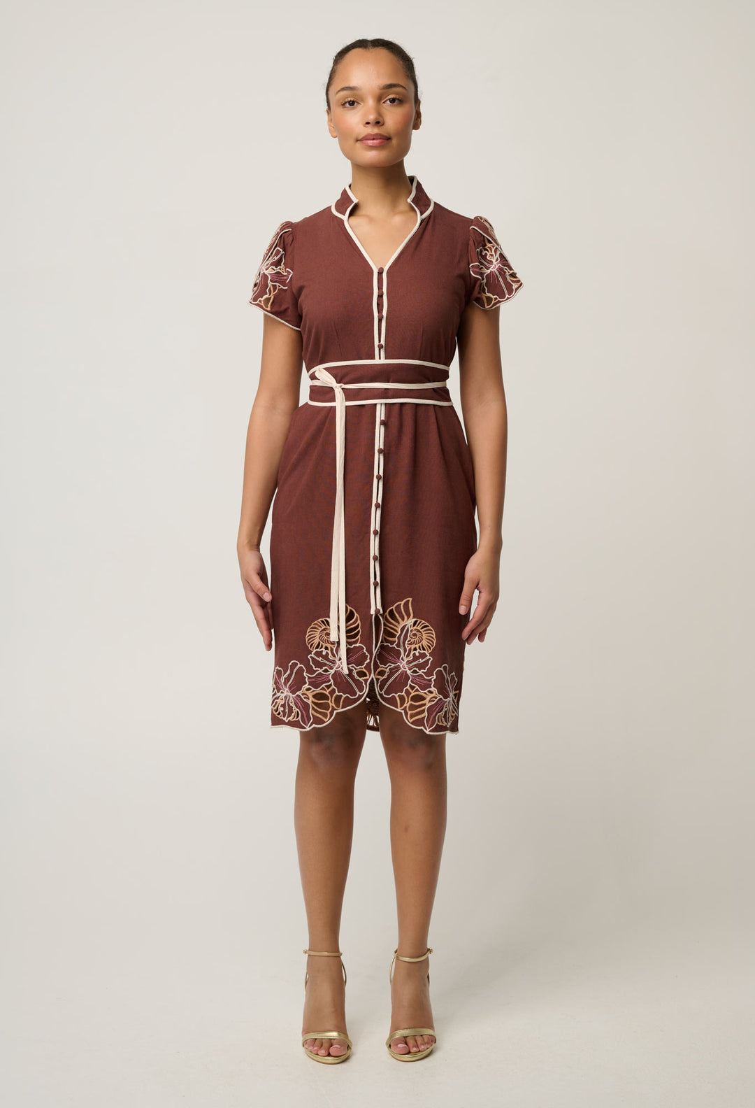 Ivy Linen Viscose Embroidery Detail Dress in Rosewood