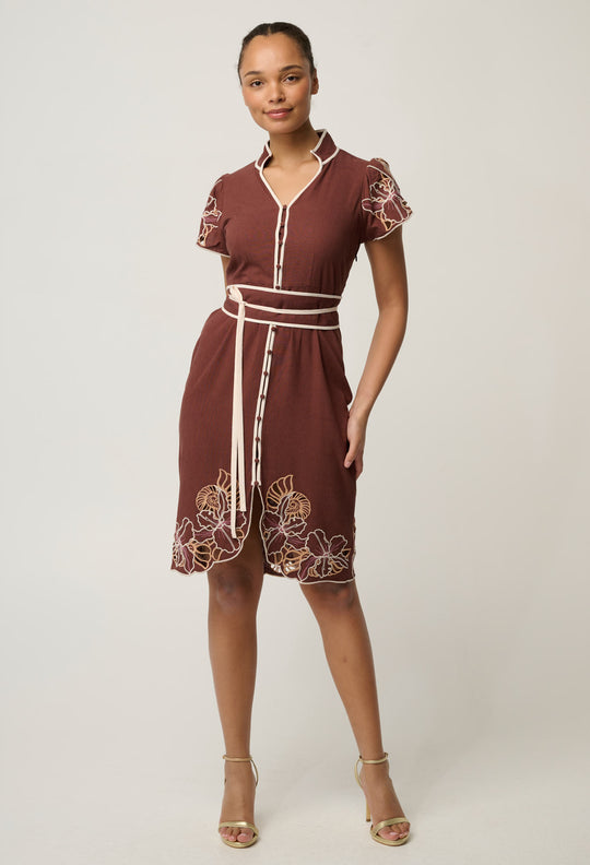 Ivy Linen Viscose Embroidery Detail Dress in Rosewood