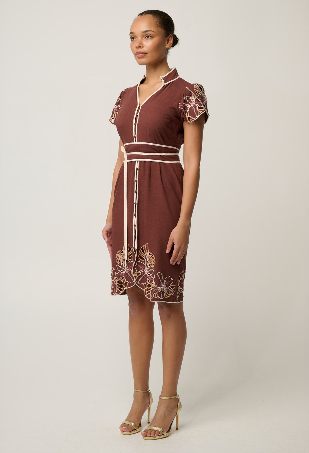 Ivy Linen Viscose Embroidery Detail Dress in Rosewood