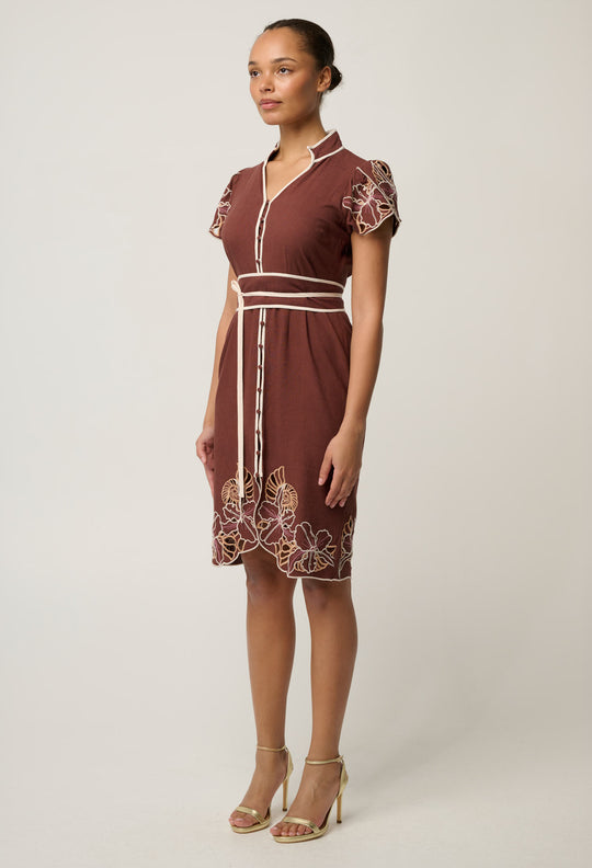 Ivy Linen Viscose Embroidery Detail Dress in Rosewood