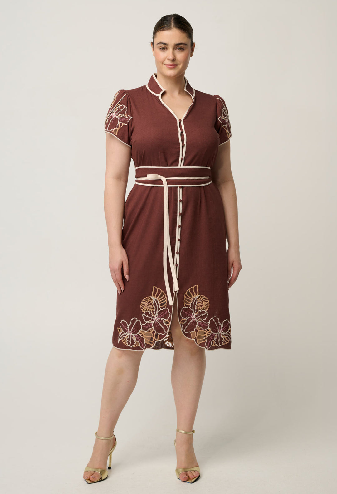 Ivy Linen Viscose Embroidery Detail Dress in Rosewood
