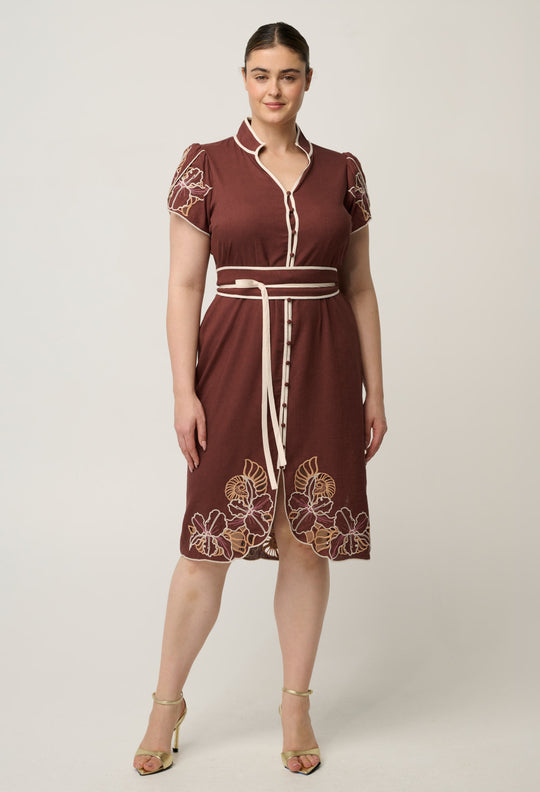 Ivy Linen Viscose Embroidery Detail Dress in Rosewood