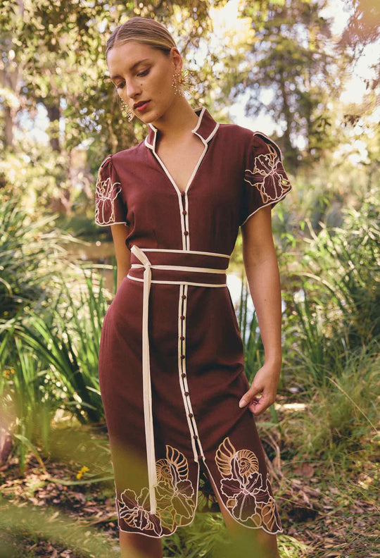 Ivy Linen Viscose Embroidery Detail Dress in Rosewood