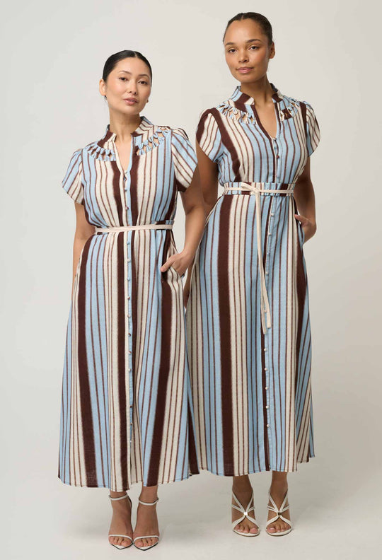 UNDER 5'4 Cattleya Linen Viscose Maxi Dress in Iridescent Stripe
