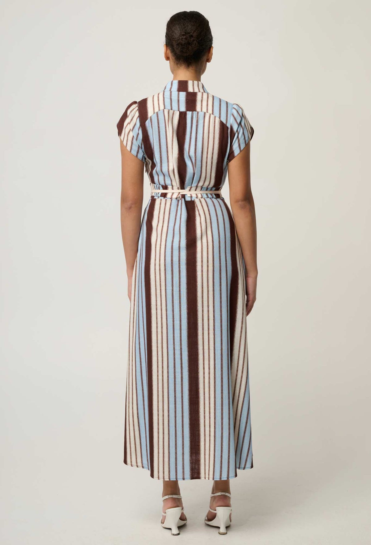 OnceWas Cattleya Linen Viscose Smock Maxi Dress in Iridescent Stripe