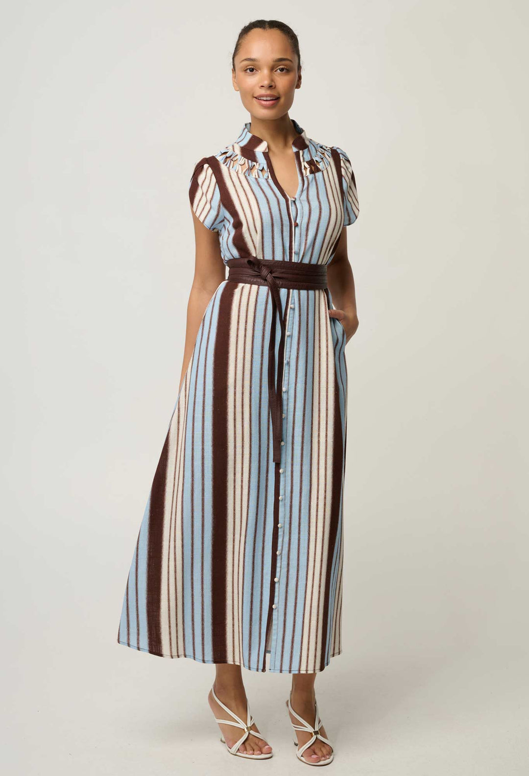 Cattleya Linen Viscose Smock Maxi Dress in Iridescent Stripe