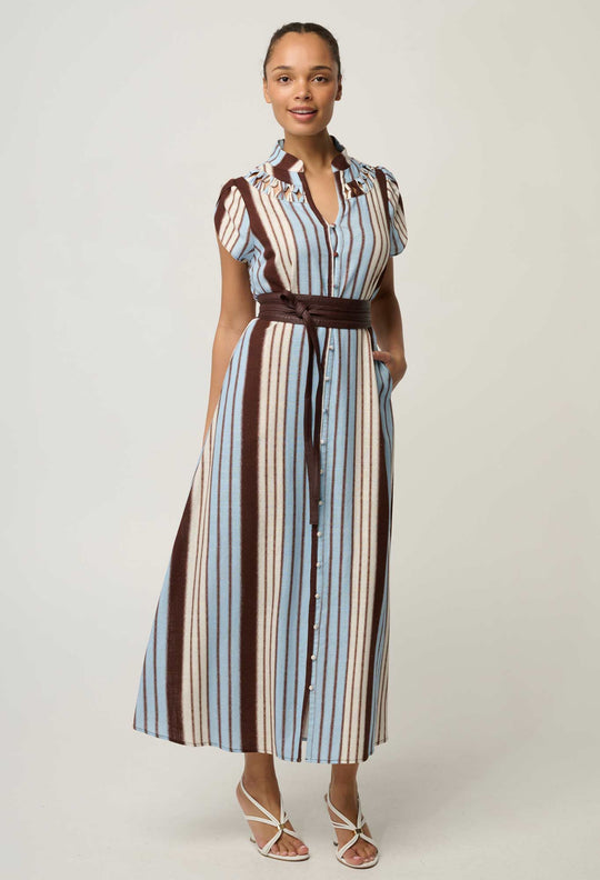 Cattleya Linen Viscose Smock Maxi Dress in Iridescent Stripe