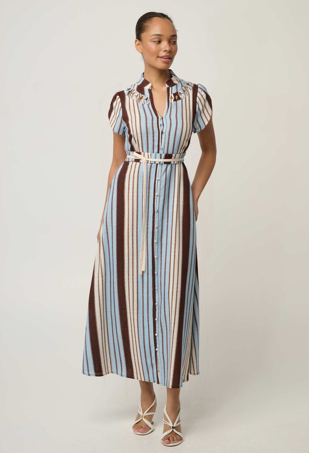 Cattleya Linen Viscose Smock Maxi Dress in Iridescent Stripe