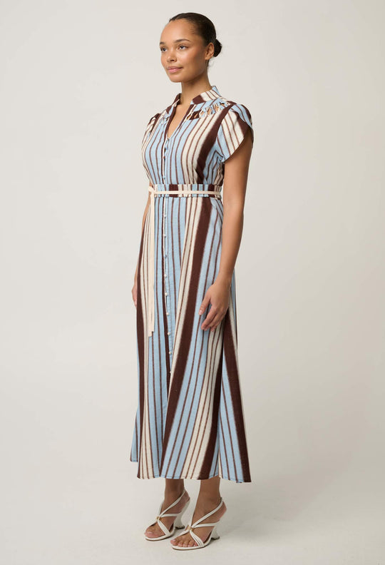 Cattleya Linen Viscose Smock Maxi Dress in Iridescent Stripe
