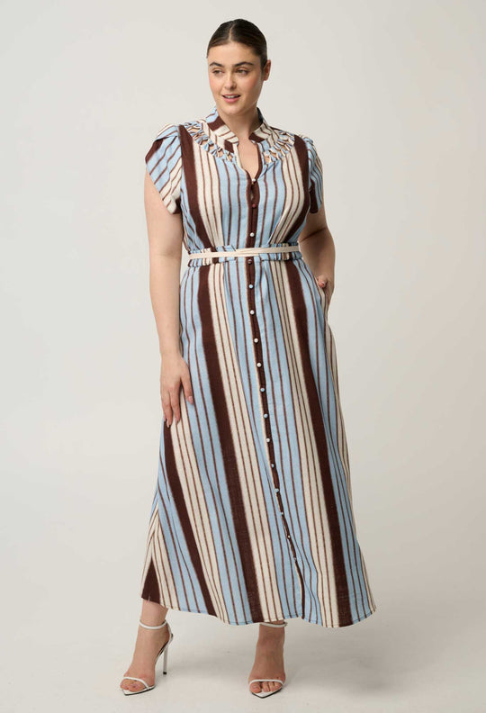 Cattleya Linen Viscose Smock Maxi Dress in Iridescent Stripe