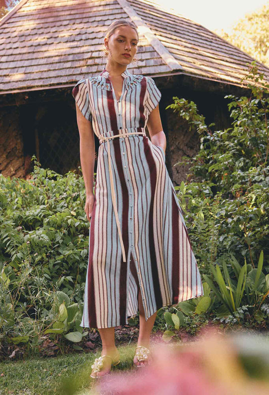 Cattleya Linen Viscose Smock Maxi Dress in Iridescent Stripe