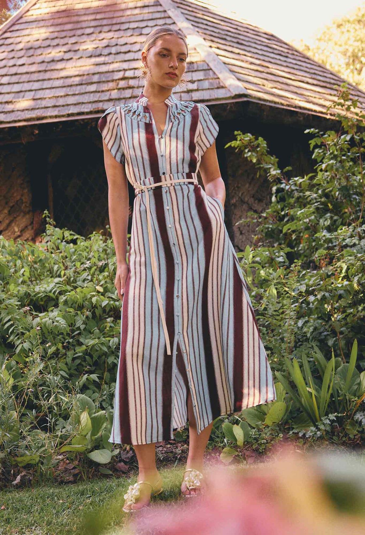 OnceWas Cattleya Linen Viscose Smock Maxi Dress in Iridescent Stripe
