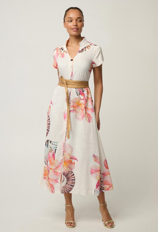 Cattleya Linen Viscose Smock Maxi Dress in Nautilus Bloom