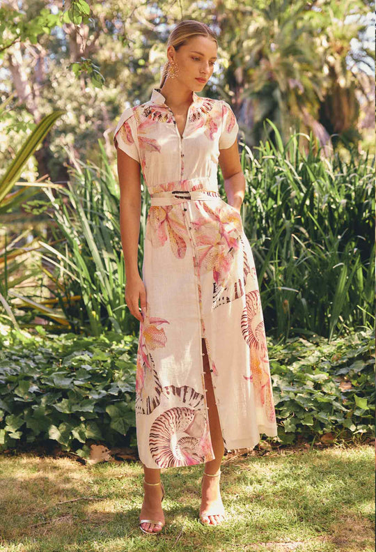 Cattleya Linen Viscose Smock Maxi Dress in Nautilus Bloom