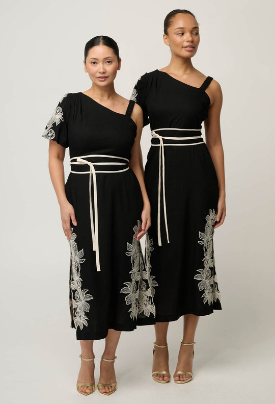UNDER 5'4 Elodie One Shoulder Linen Viscose Embroidery Dress in Black