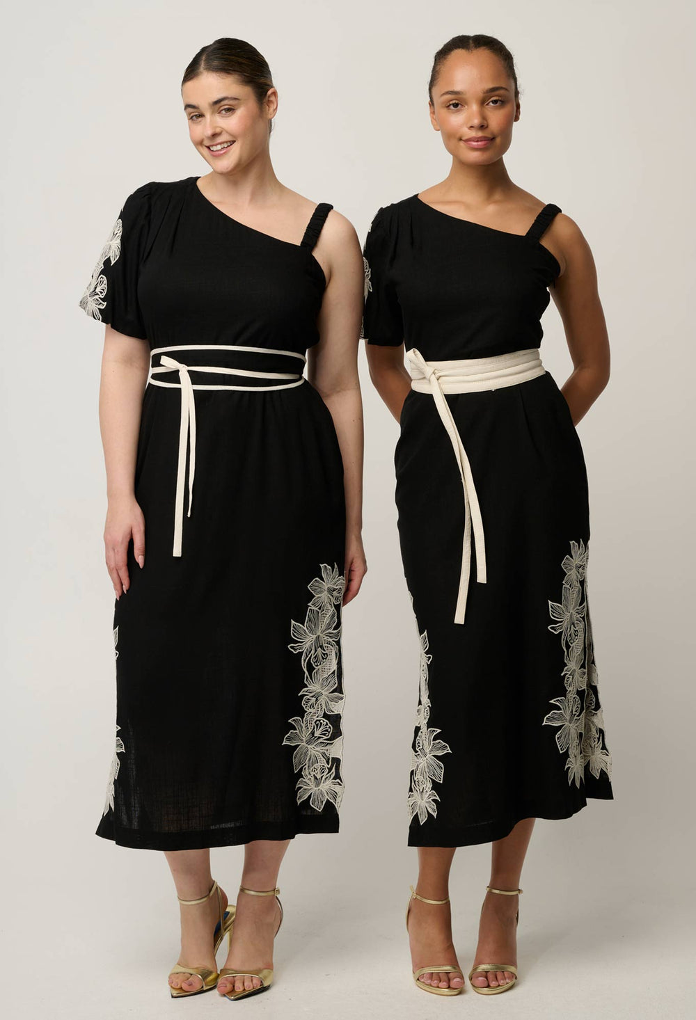 Elodie One Shoulder Linen Viscose Embroidery Dress in Black