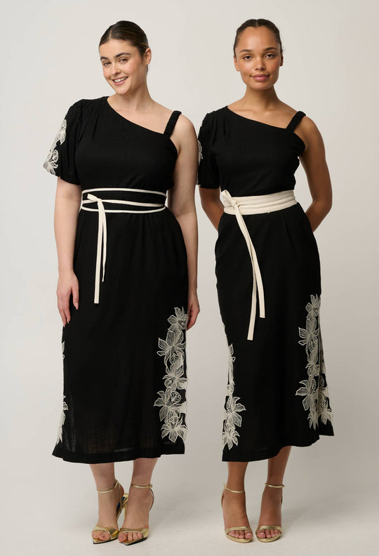 Elodie One Shoulder Linen Viscose Embroidery Dress in Black