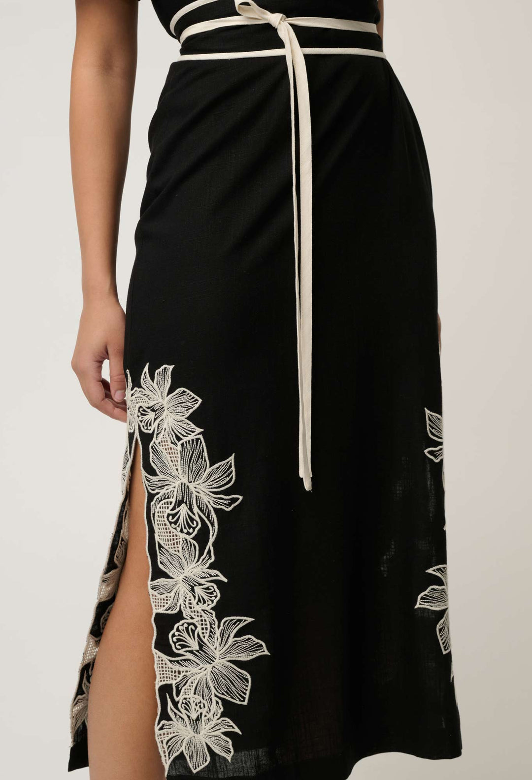 Elodie One Shoulder Linen Viscose Embroidery Dress in Black