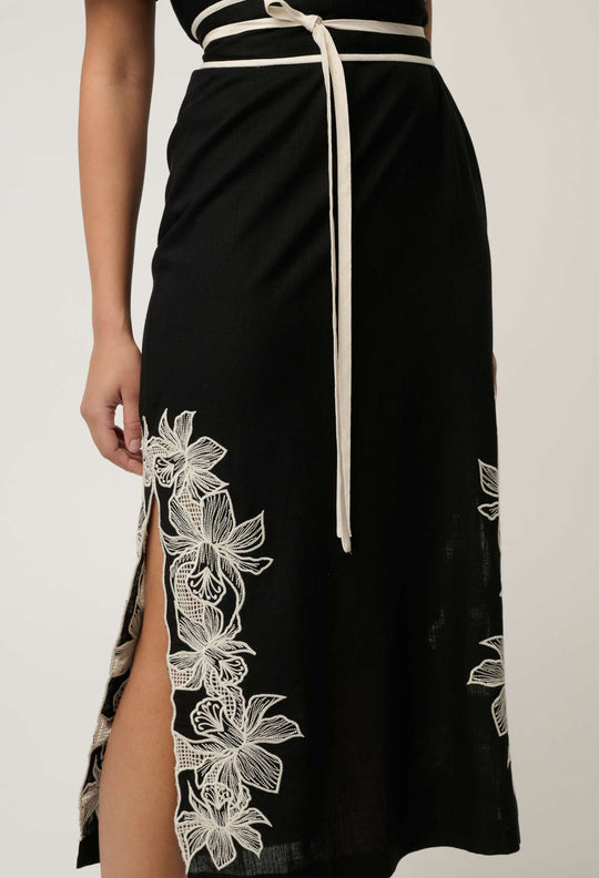 Elodie One Shoulder Linen Viscose Embroidery Dress in Black