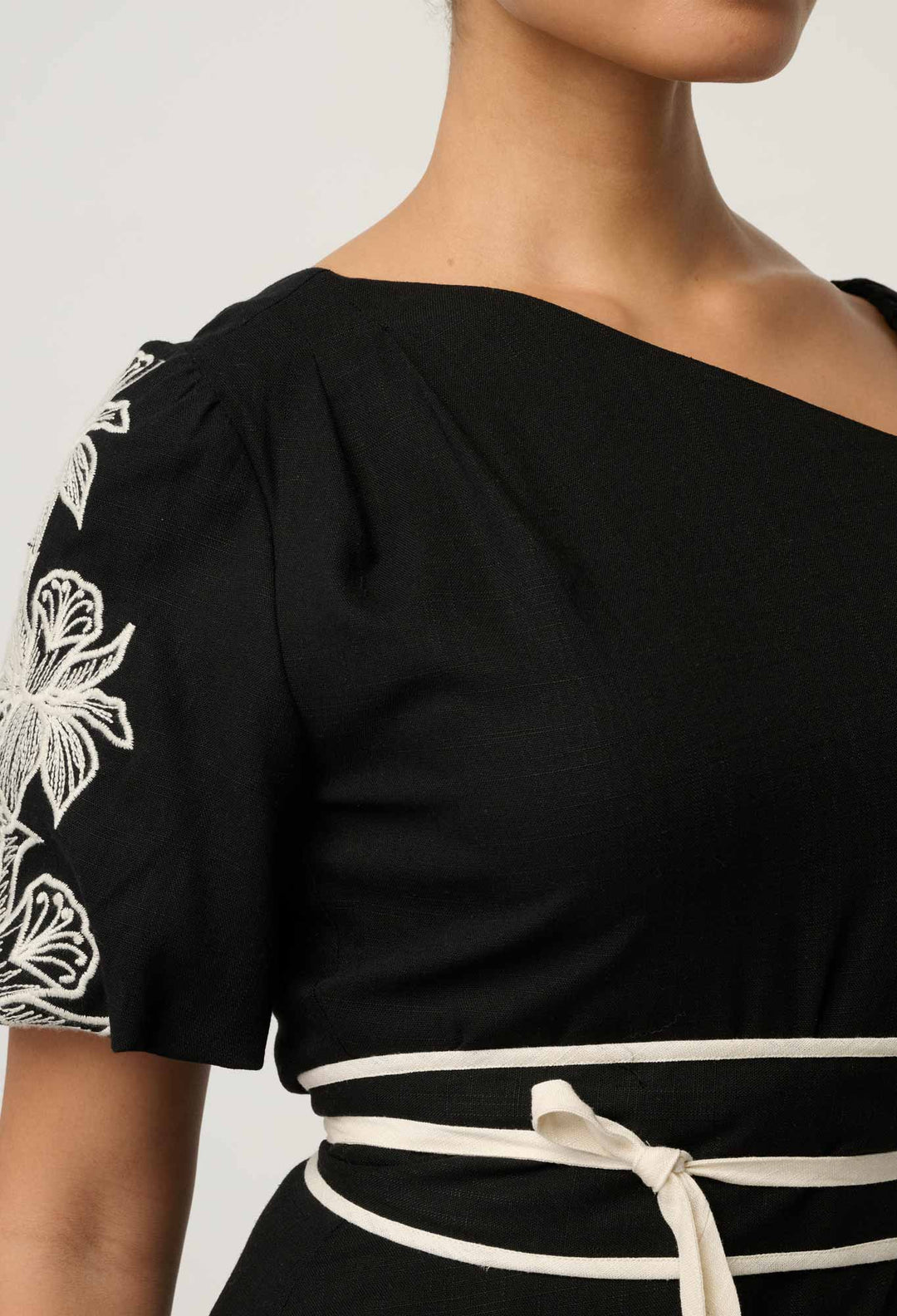 Elodie One Shoulder Linen Viscose Embroidery Dress in Black