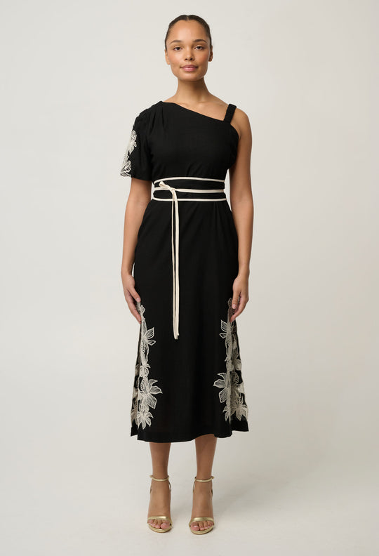 Elodie One Shoulder Linen Viscose Embroidery Dress in Black