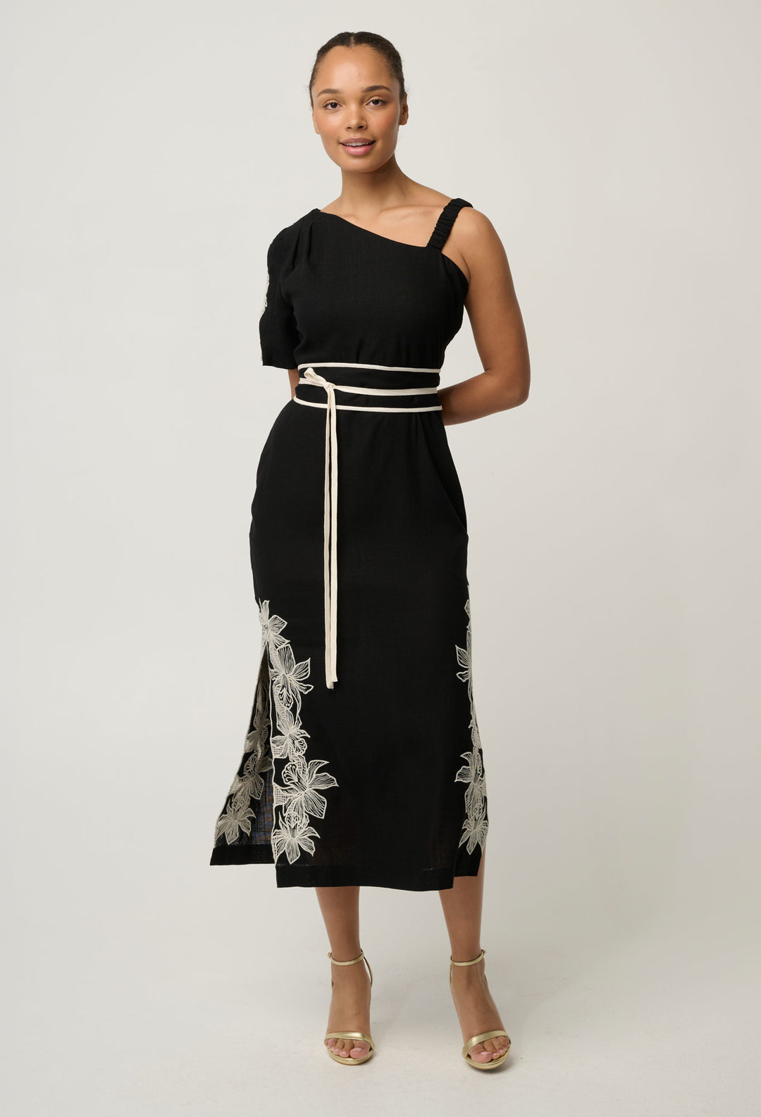 Elodie One Shoulder Linen Viscose Embroidery Dress in Black