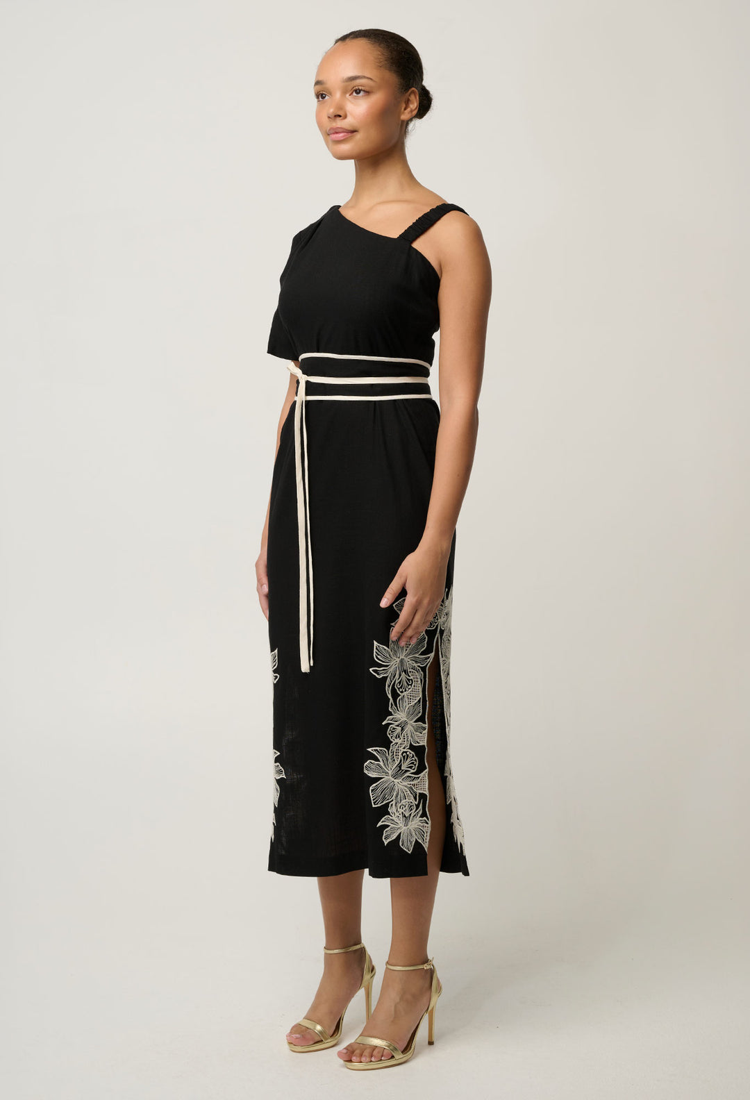 Elodie One Shoulder Linen Viscose Embroidery Dress in Black