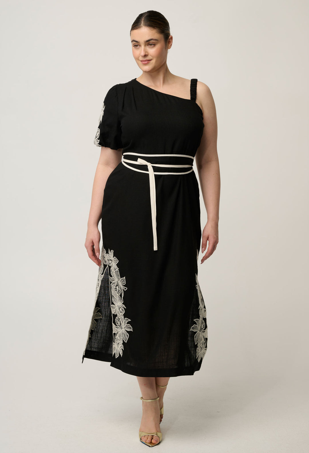 Elodie One Shoulder Linen Viscose Embroidery Dress in Black