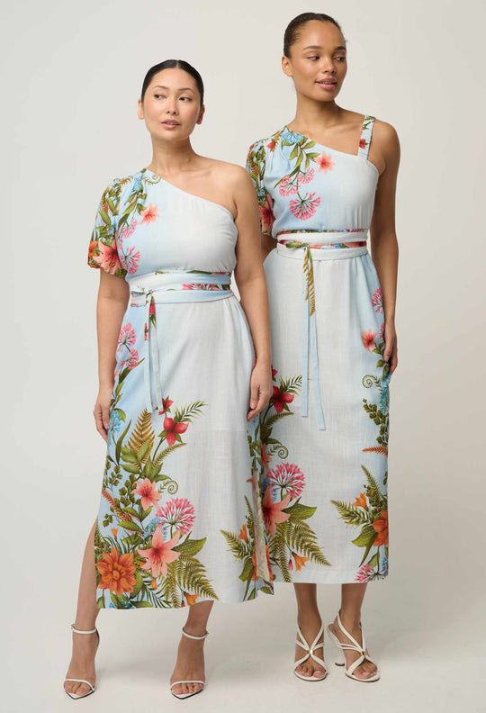 UNDER 5'4 Elodie One Shoulder Linen Viscose Embroidery Dress in Bloomscape