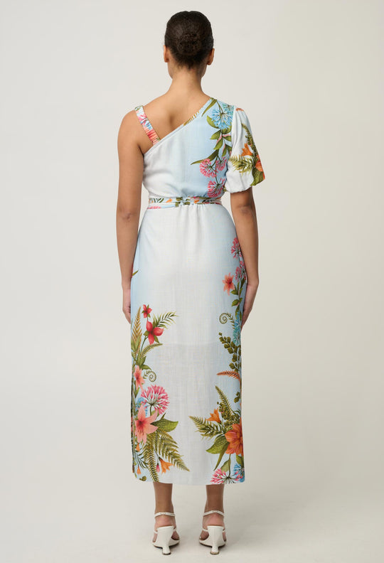 Elodie One Shoulder Linen Viscose Embroidery Dress in Bloomscape