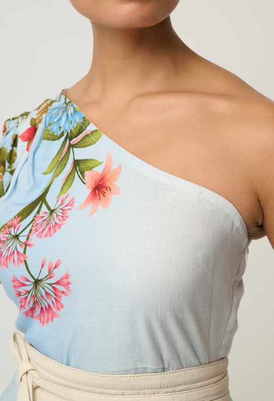 Elodie One Shoulder Linen Viscose Embroidery Dress in Bloomscape
