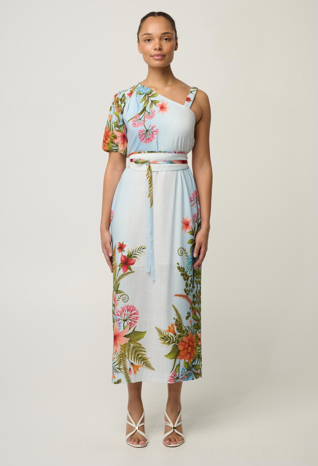 Elodie One Shoulder Linen Viscose Embroidery Dress in Bloomscape