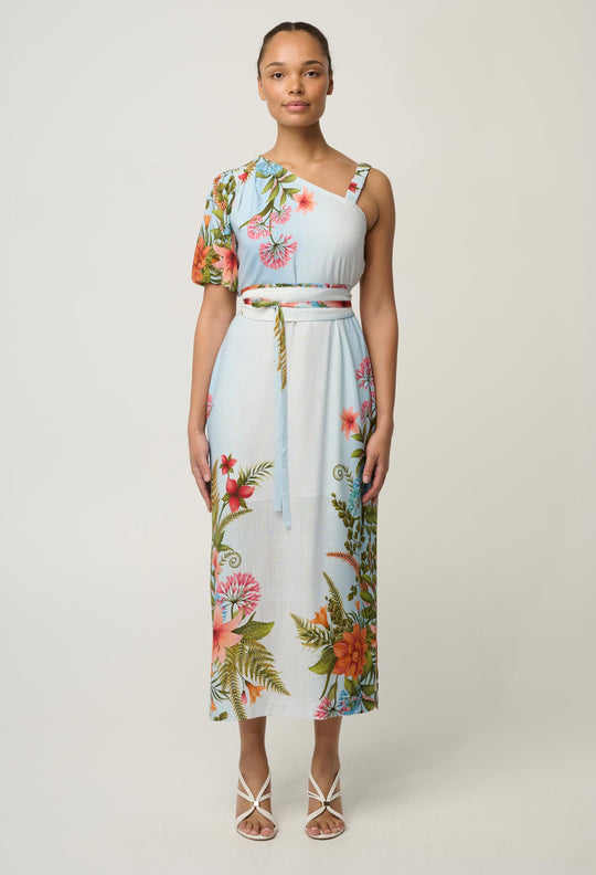 Elodie One Shoulder Linen Viscose Embroidery Dress in Bloomscape