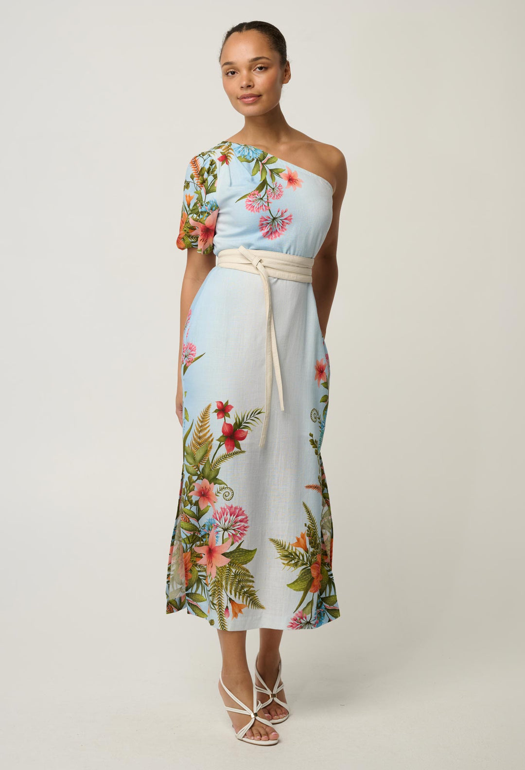 Elodie One Shoulder Linen Viscose Embroidery Dress in Bloomscape
