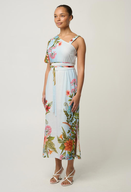 Elodie One Shoulder Linen Viscose Embroidery Dress in Bloomscape