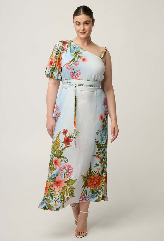 Elodie One Shoulder Linen Viscose Embroidery Dress in Bloomscape
