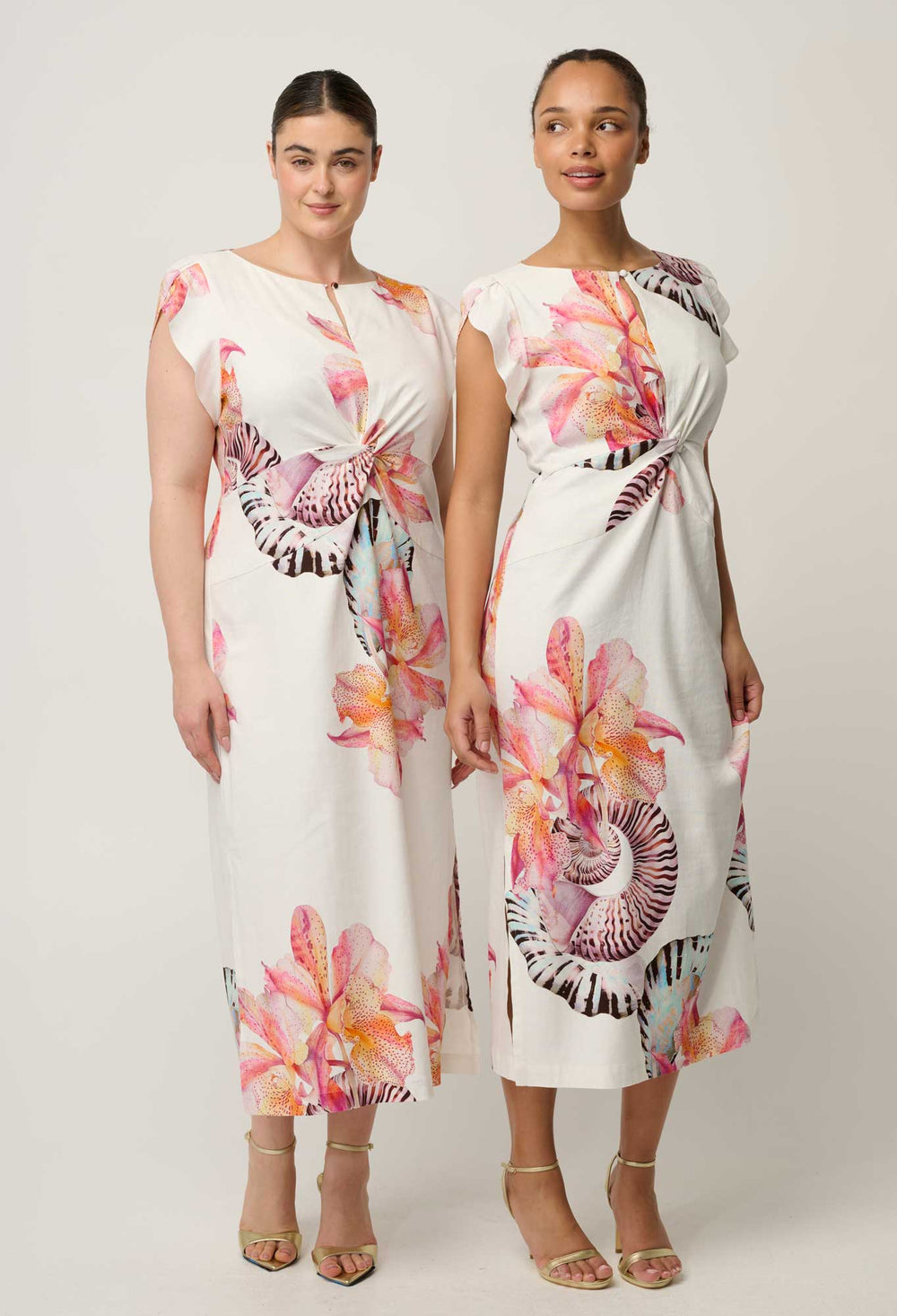Geneva Stretch Linen Viscose Twist Column Dress in Nautilus Bloom