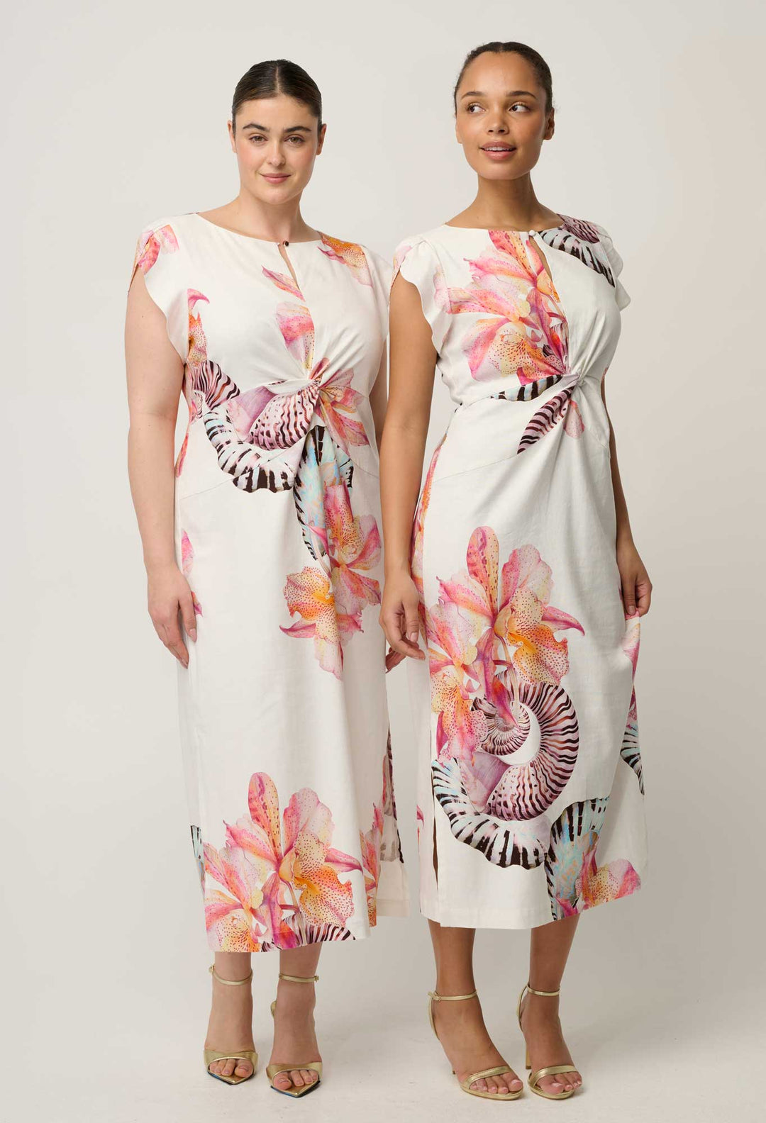 Geneva Stretch Linen Viscose Twist Column Dress in Nautilus Bloom