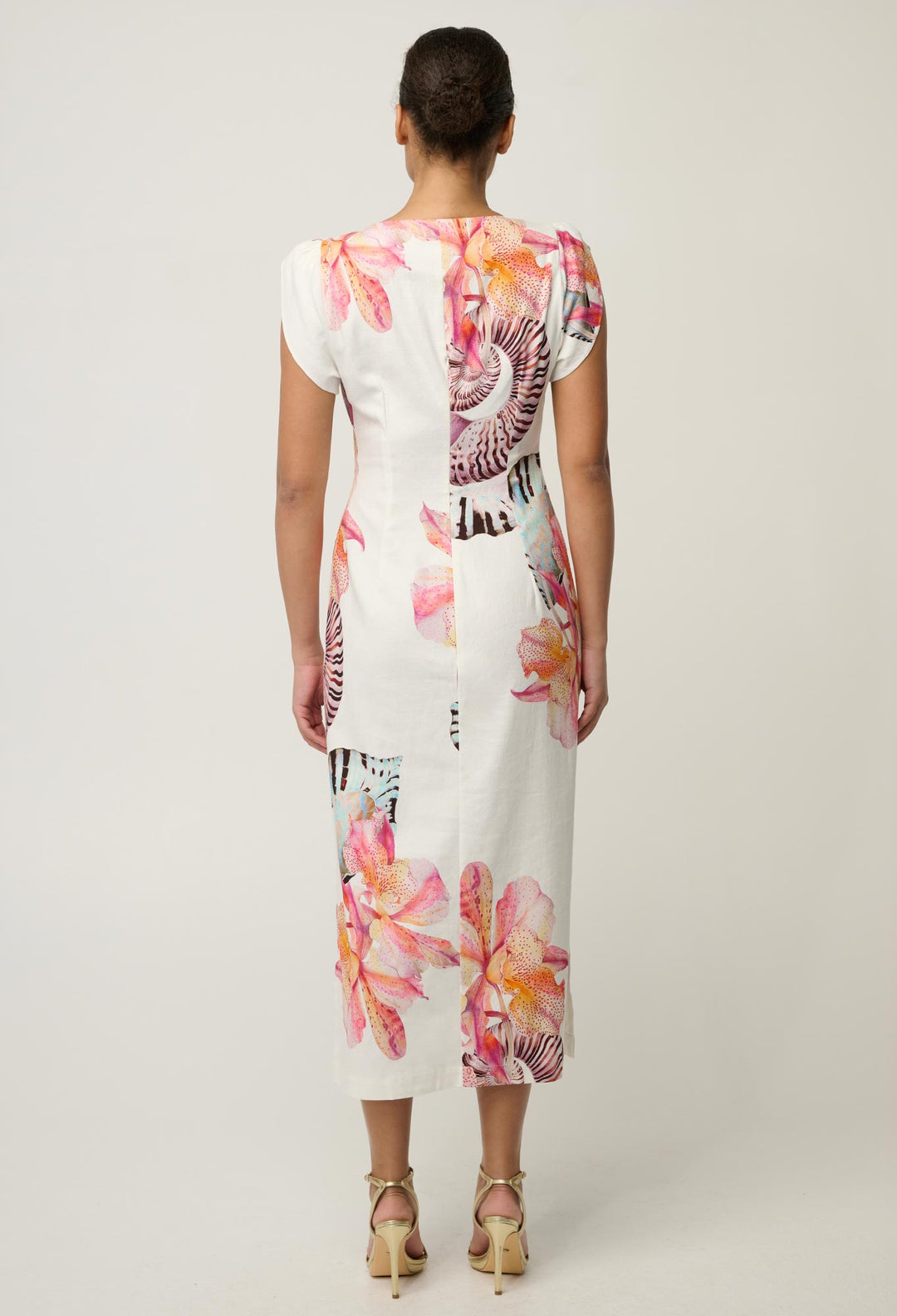 Geneva Stretch Linen Viscose Twist Column Dress in Nautilus Bloom
