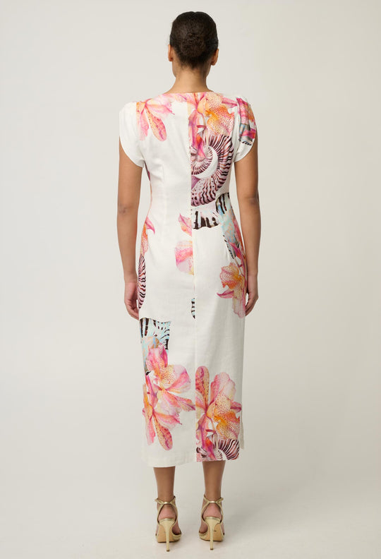 Geneva Stretch Linen Viscose Twist Column Dress in Nautilus Bloom