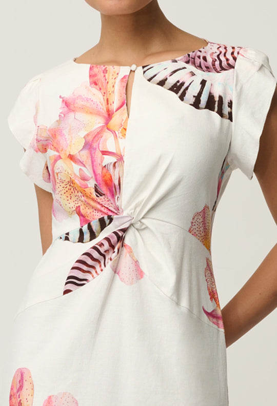 UNDER 5'4 Geneva Stretch Linen Viscose Column Midi Dress in Nautilus Bloom