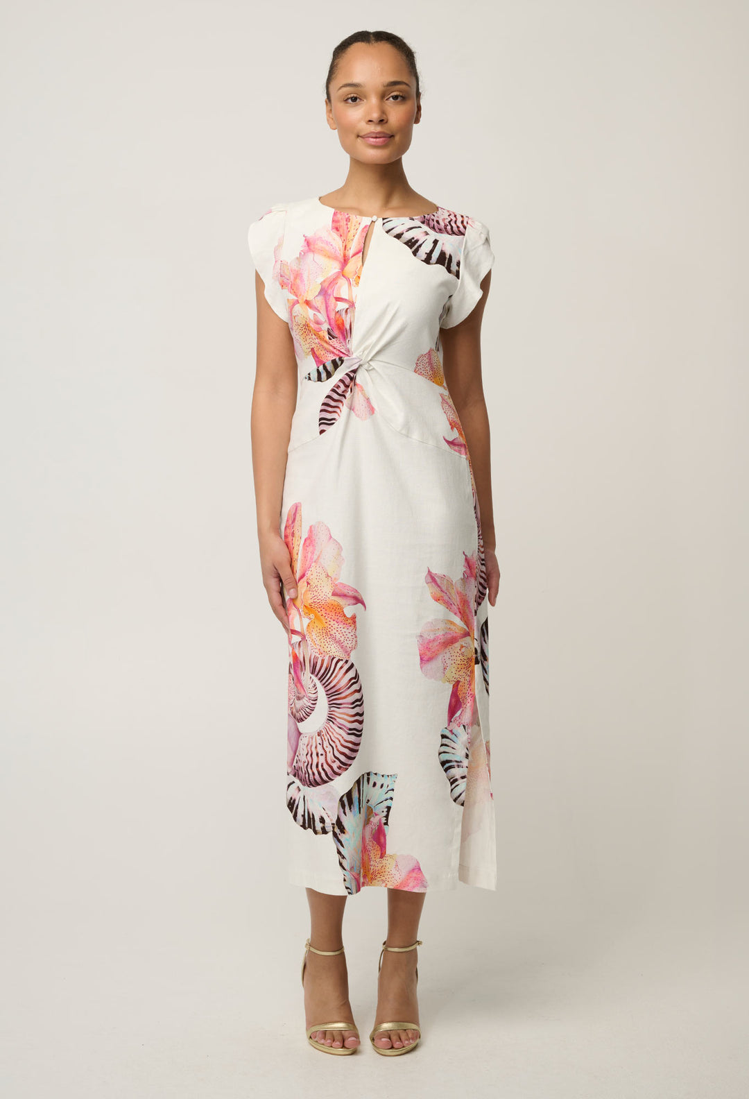 Geneva Stretch Linen Viscose Twist Column Dress in Nautilus Bloom