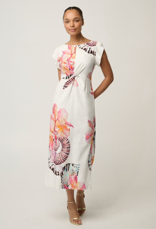 Geneva Stretch Linen Viscose Twist Column Dress in Nautilus Bloom