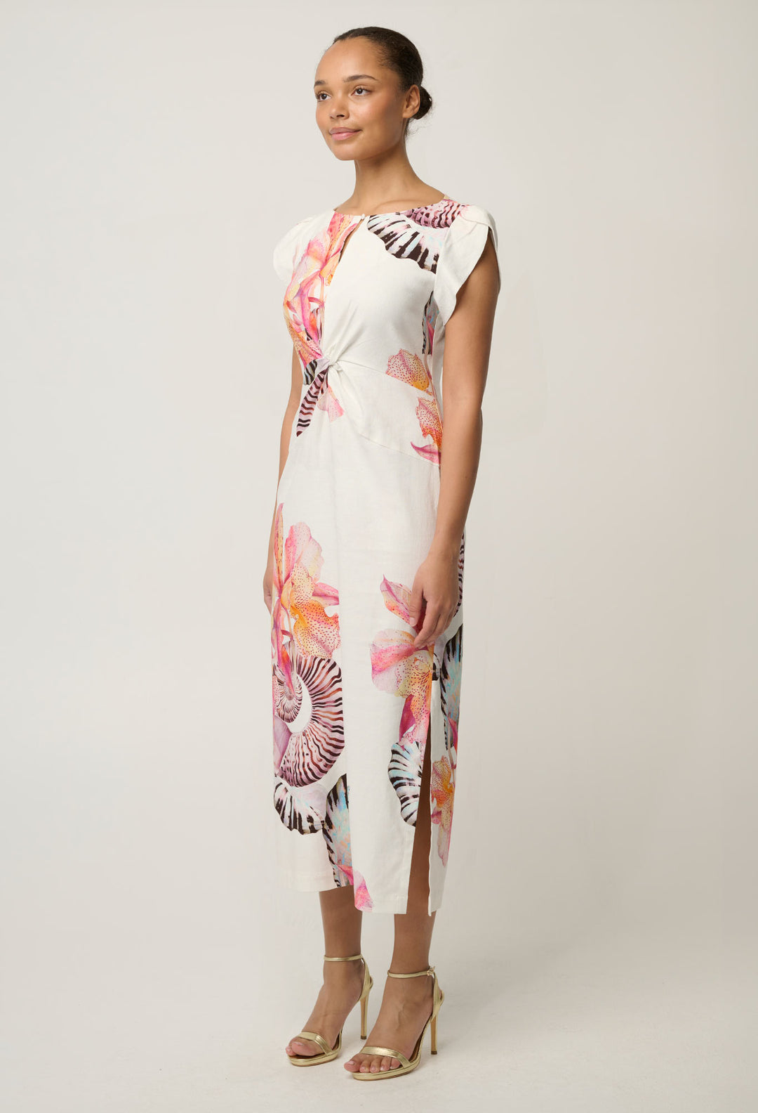 Geneva Stretch Linen Viscose Twist Column Dress in Nautilus Bloom
