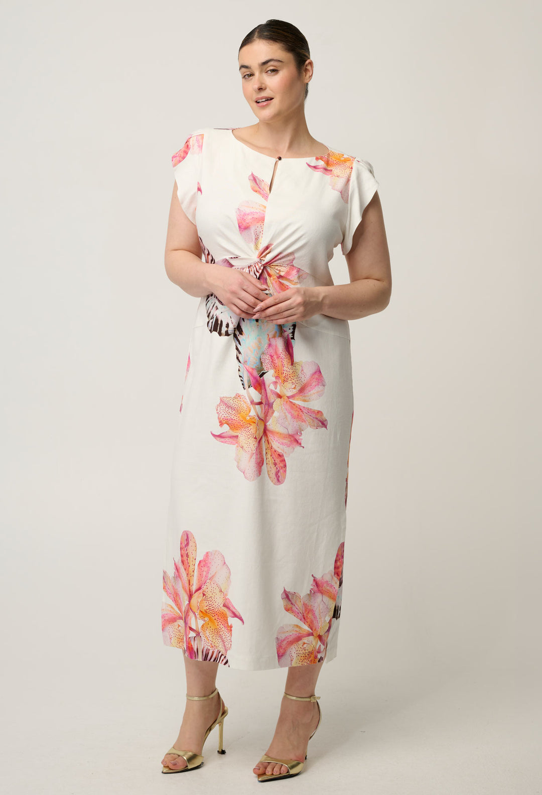 Geneva Stretch Linen Viscose Twist Column Dress in Nautilus Bloom