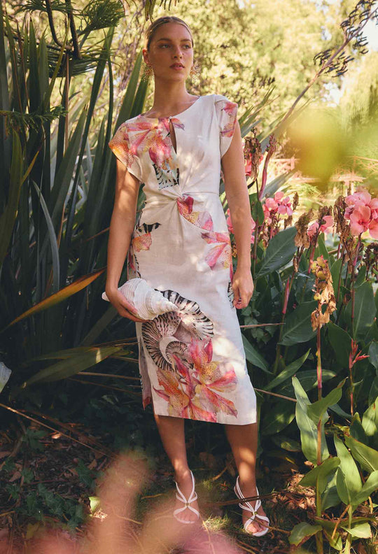 Geneva Stretch Linen Viscose Twist Column Dress in Nautilus Bloom